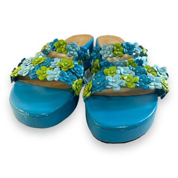 VINTAGE CAPARROS Turquoise Lime Floral and Bead Slide Platform Sandals SZ 6.5 - Picture 12 of 12